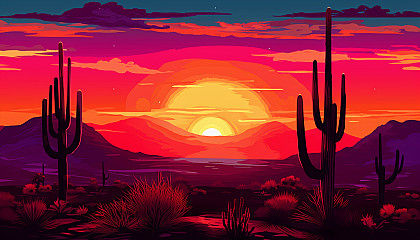 Silhouettes of cacti against a colorful desert sunset.