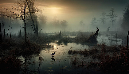 A foggy, mysterious swamp teeming with unseen wildlife.