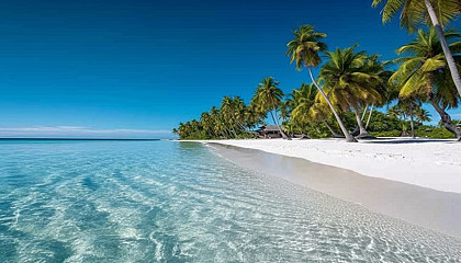 A secluded beach with white sand, surrounded by palm trees.