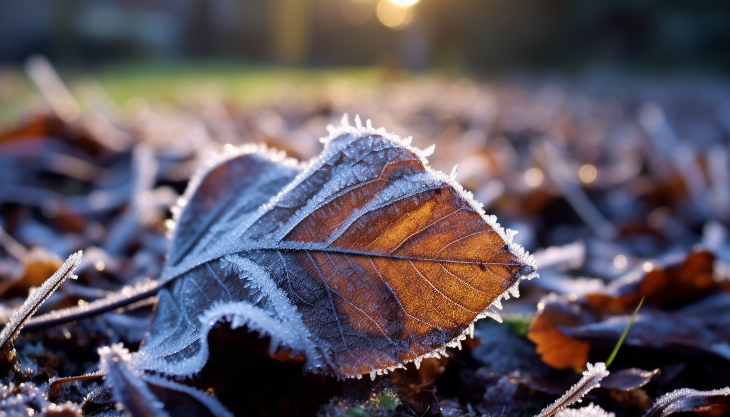 The glistening frost on a leaf on a cold winter morning.