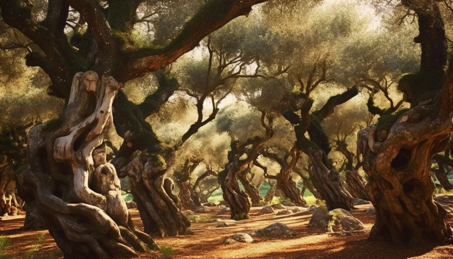 A grove of ancient, gnarled olive trees on a sun-soaked hillside.