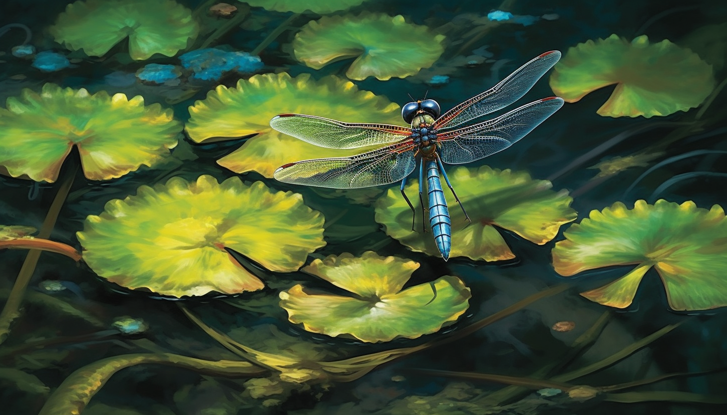 A dragonfly resting on a lily pad in a quiet marsh.