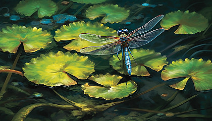 A dragonfly resting on a lily pad in a quiet marsh.