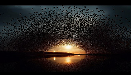 A mesmerizing, spiraling formation of a murmuration of starlings.