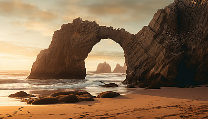 An arch of rocks standing majestic on a sandy beach.