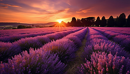 The sun setting behind a field of lavender in bloom.