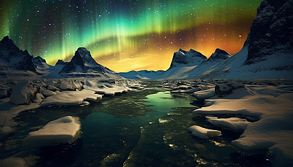 An icy tundra under the glow of the northern lights.