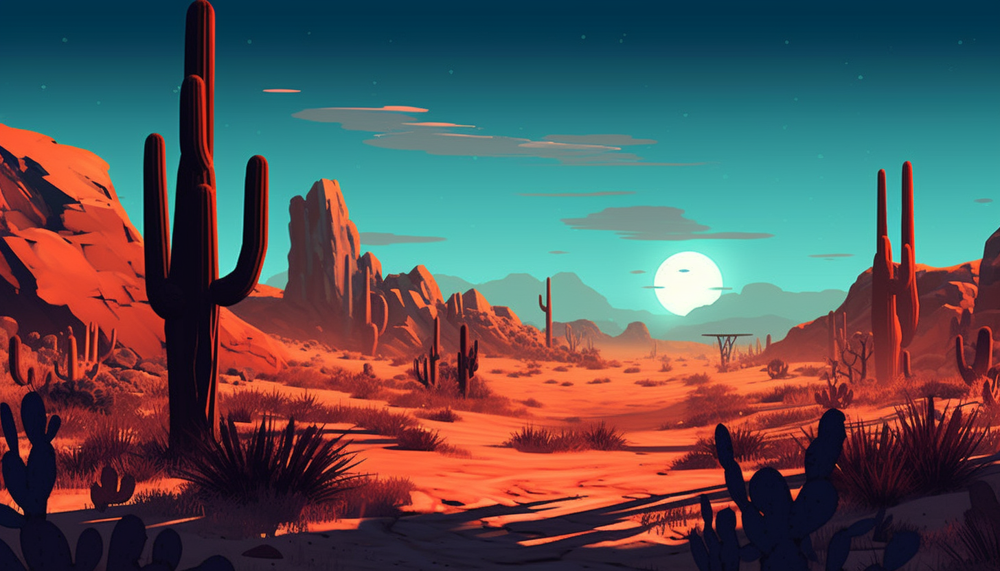 A quiet, moonlit desert with cacti casting long shadows.