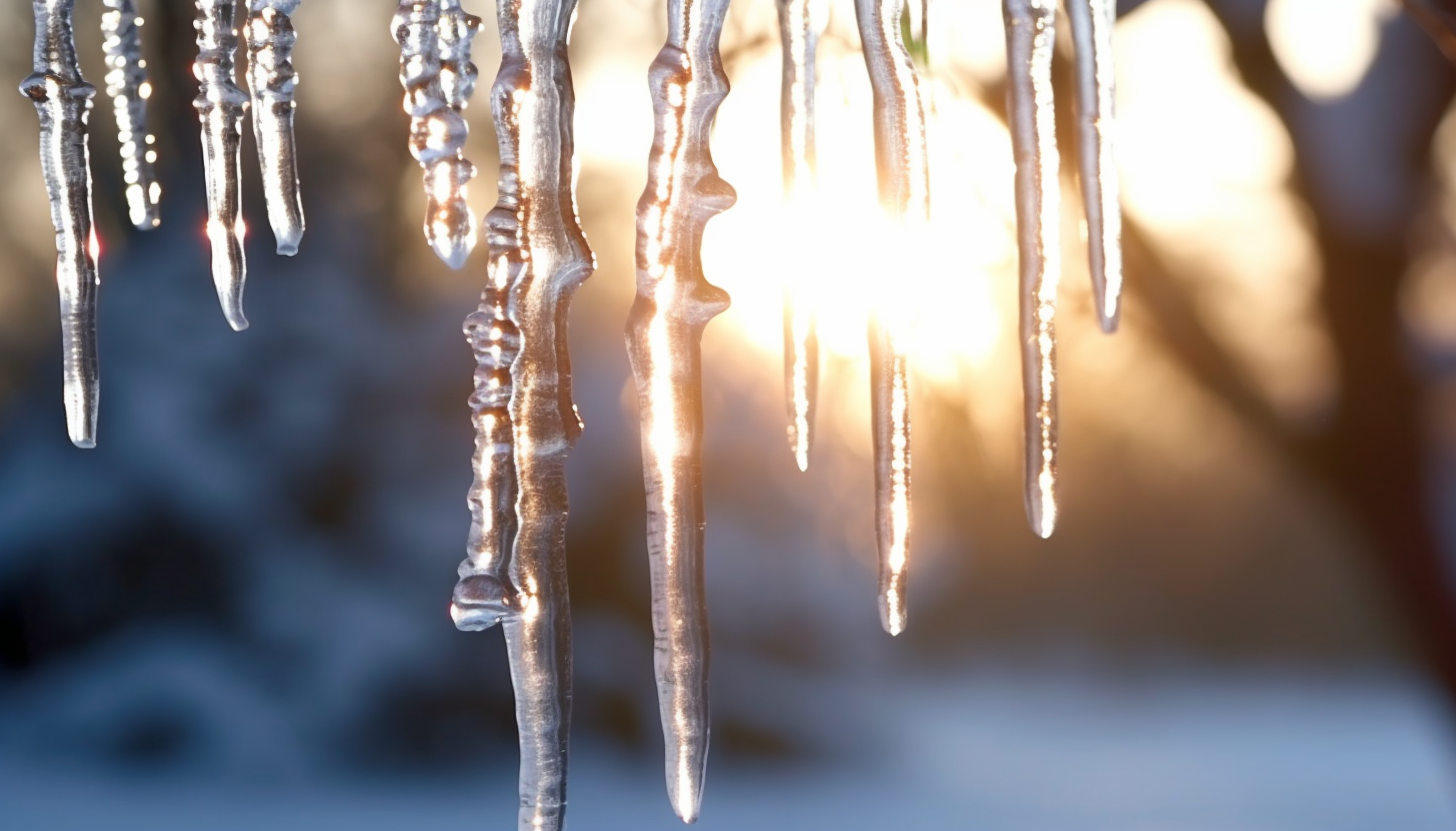 Glistening icicles hanging from a frozen tree branch.