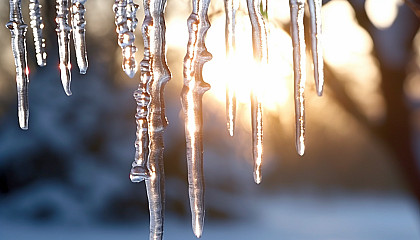 Glistening icicles hanging from a frozen tree branch.