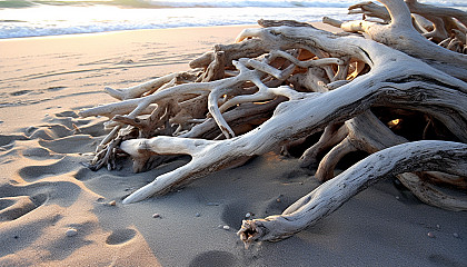 Sun-bleached driftwood scattered on a sandy beach.