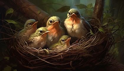 A nest of baby birds chirping for their mother.