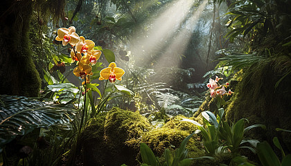 A rare orchid blooming in a dense, tropical jungle.