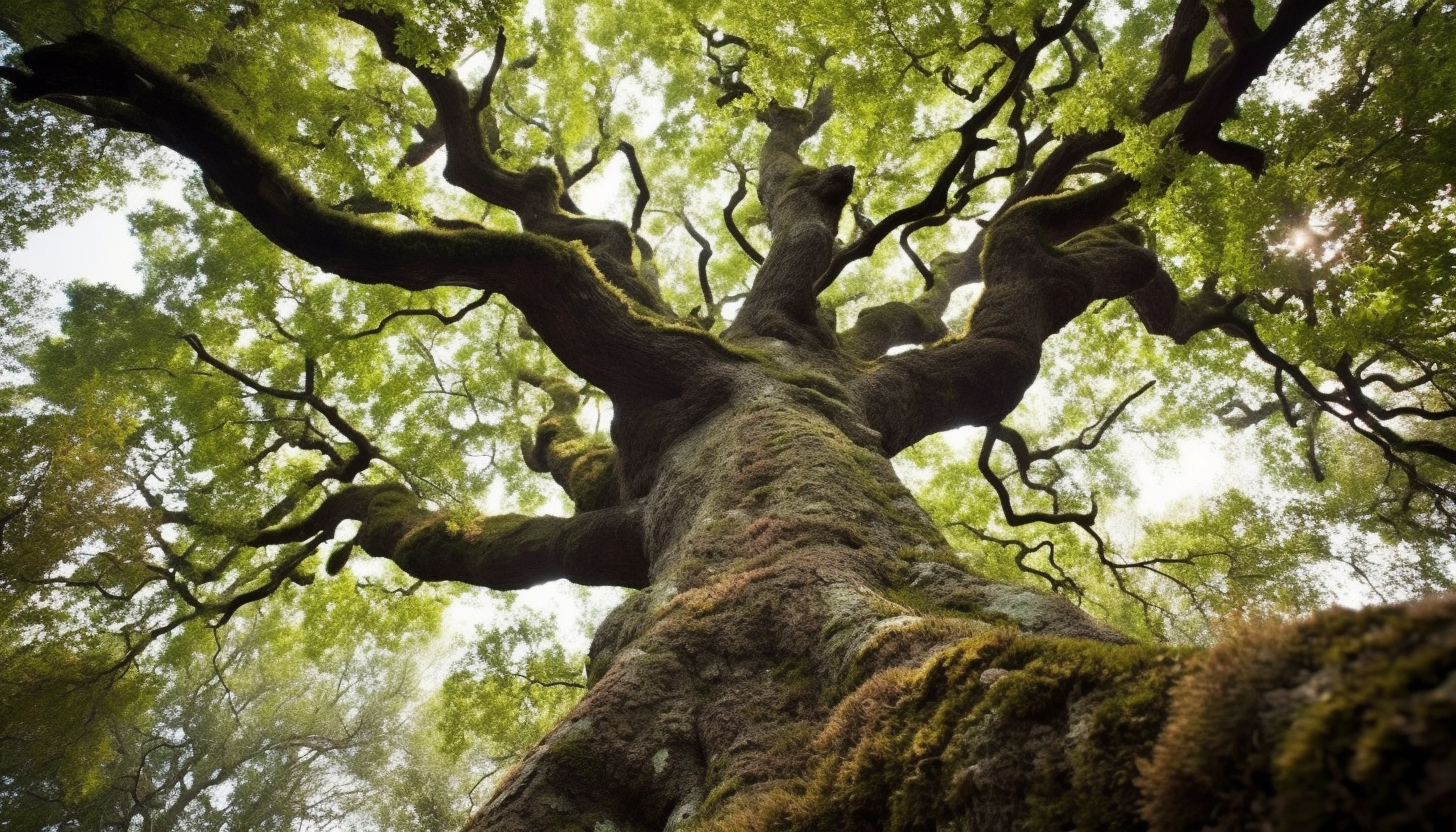 A squirrel's eye view of a towering oak tree.