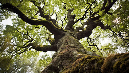 A squirrel's eye view of a towering oak tree.