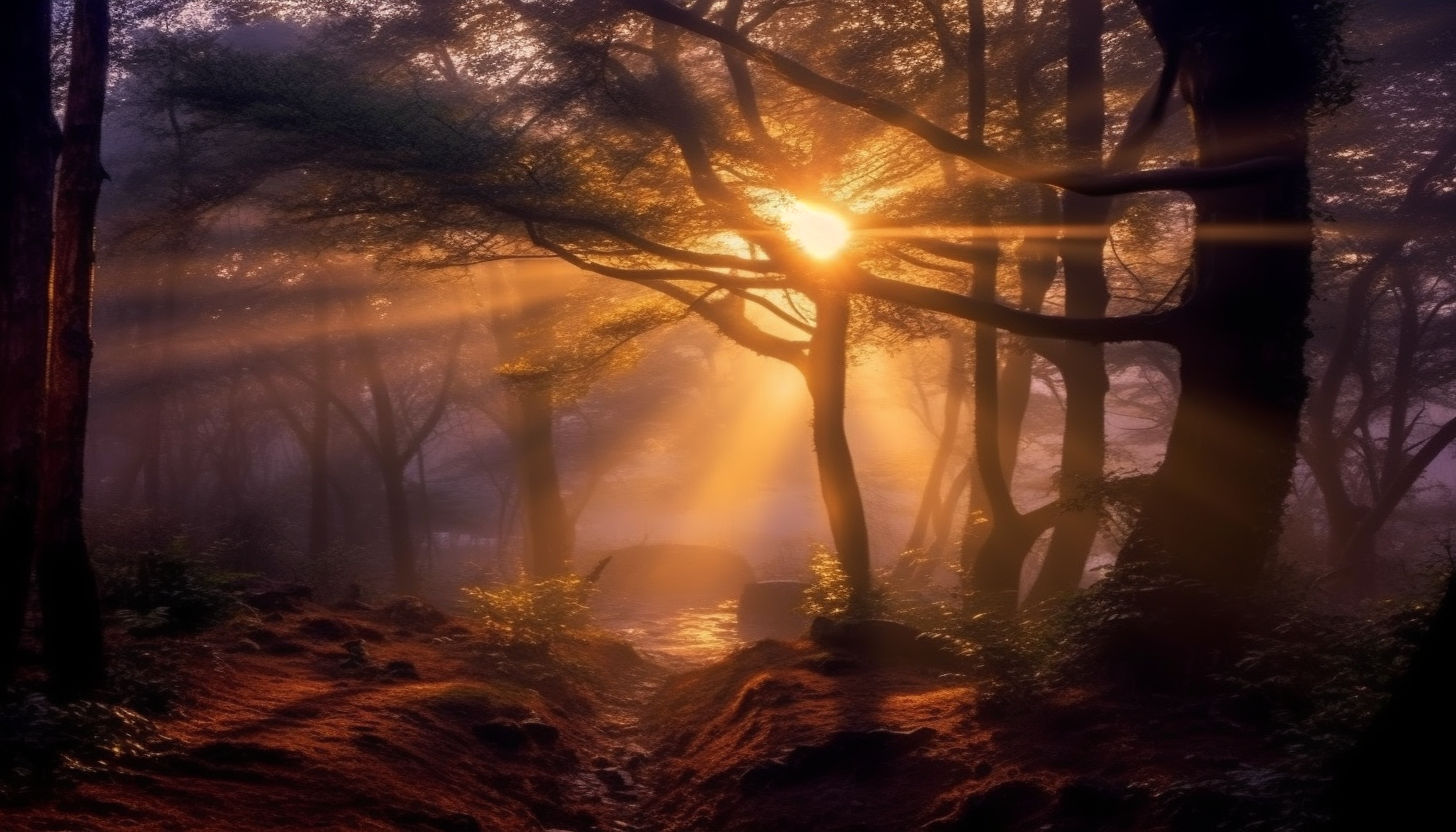 Rays of the setting sun piercing through a misty forest.