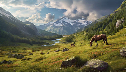 Wild horses grazing on a lush mountain meadow.