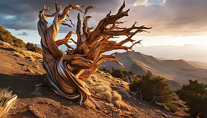 Twisted, ancient bristlecone pines in a high altitude landscape.