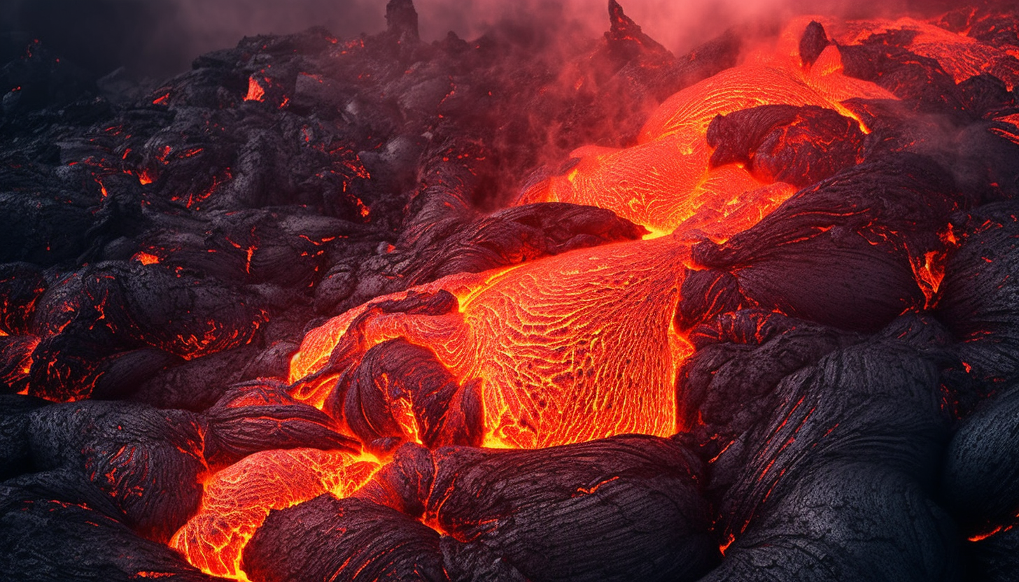 Fiery lava flowing down a rugged volcanic slope.