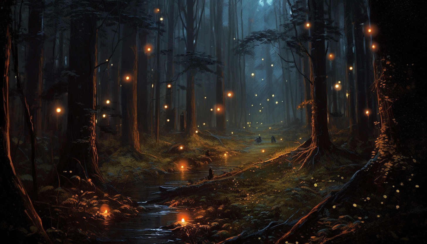 Fireflies illuminating a dark forest at dusk.