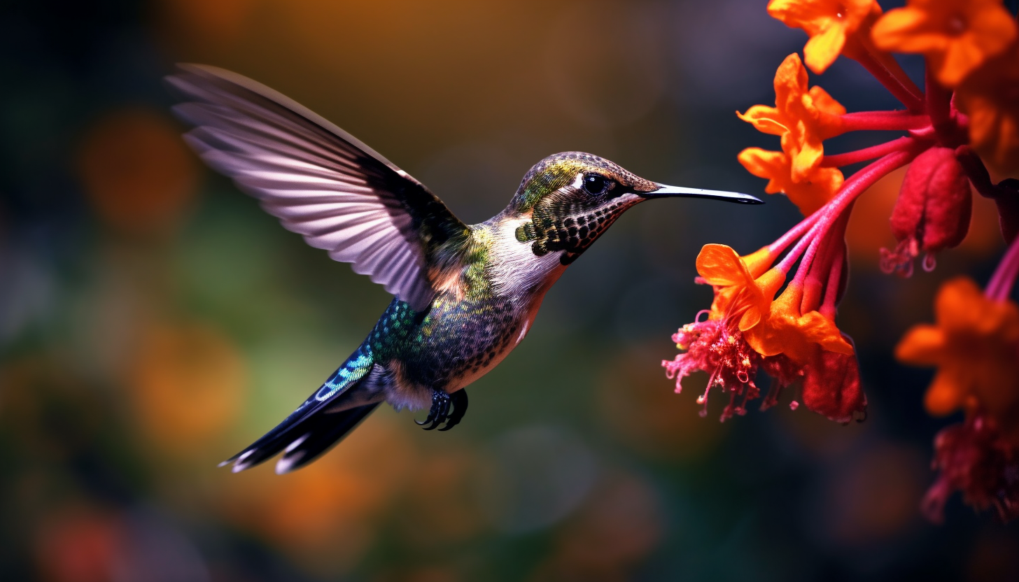 A hummingbird mid-flight, sipping from a bright flower.