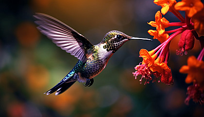 A hummingbird mid-flight, sipping from a bright flower.