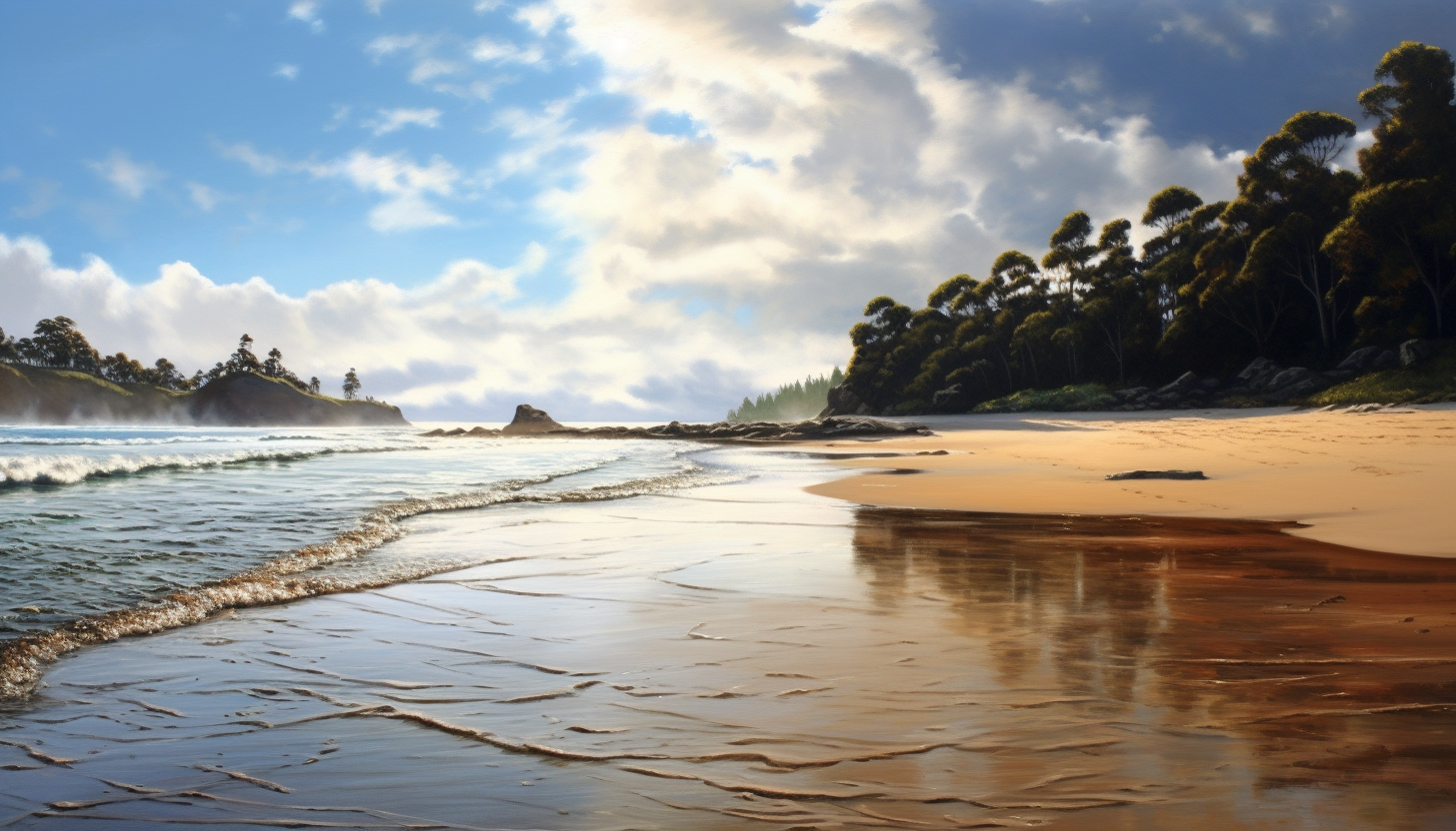 Tide receding to reveal an expansive, sandy beach.