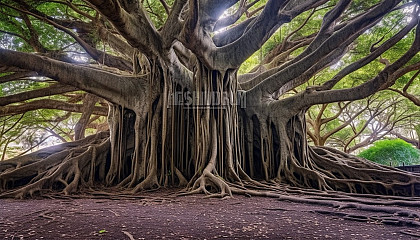 An ancient banyan tree with sprawling roots and branches.