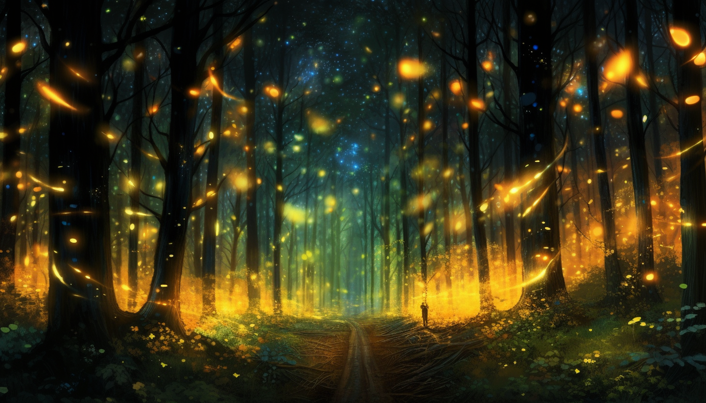 A vibrant display of fireflies illuminating a dark forest.