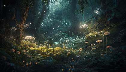 Mystical woods with glowing plants and whimsical flora.