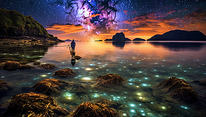 Stunning bioluminescent bay under a star-filled night sky.