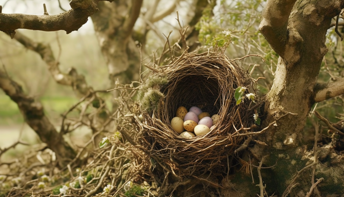 A nest with bird eggs hidden in the crook of a tree.