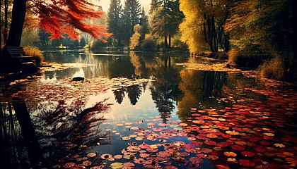 A serene pond, reflecting the vibrant autumn foliage.