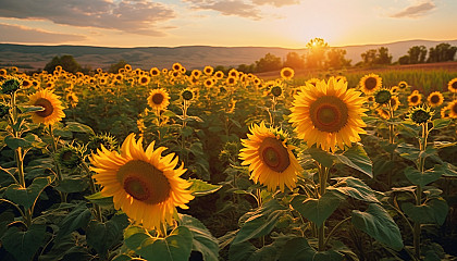Sunflowers turning towards the sunlight in a sprawling field.