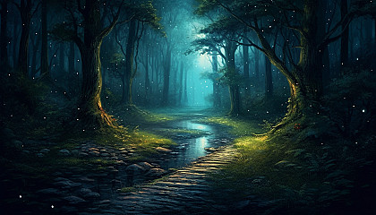 A moonlit path through a quiet forest.