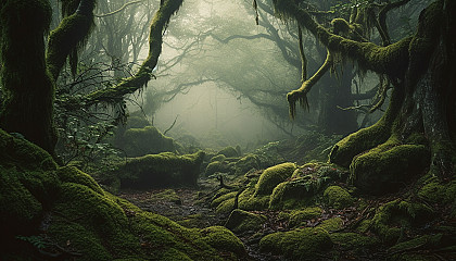 Mysterious fog-shrouded forests with ancient, moss-covered trees.