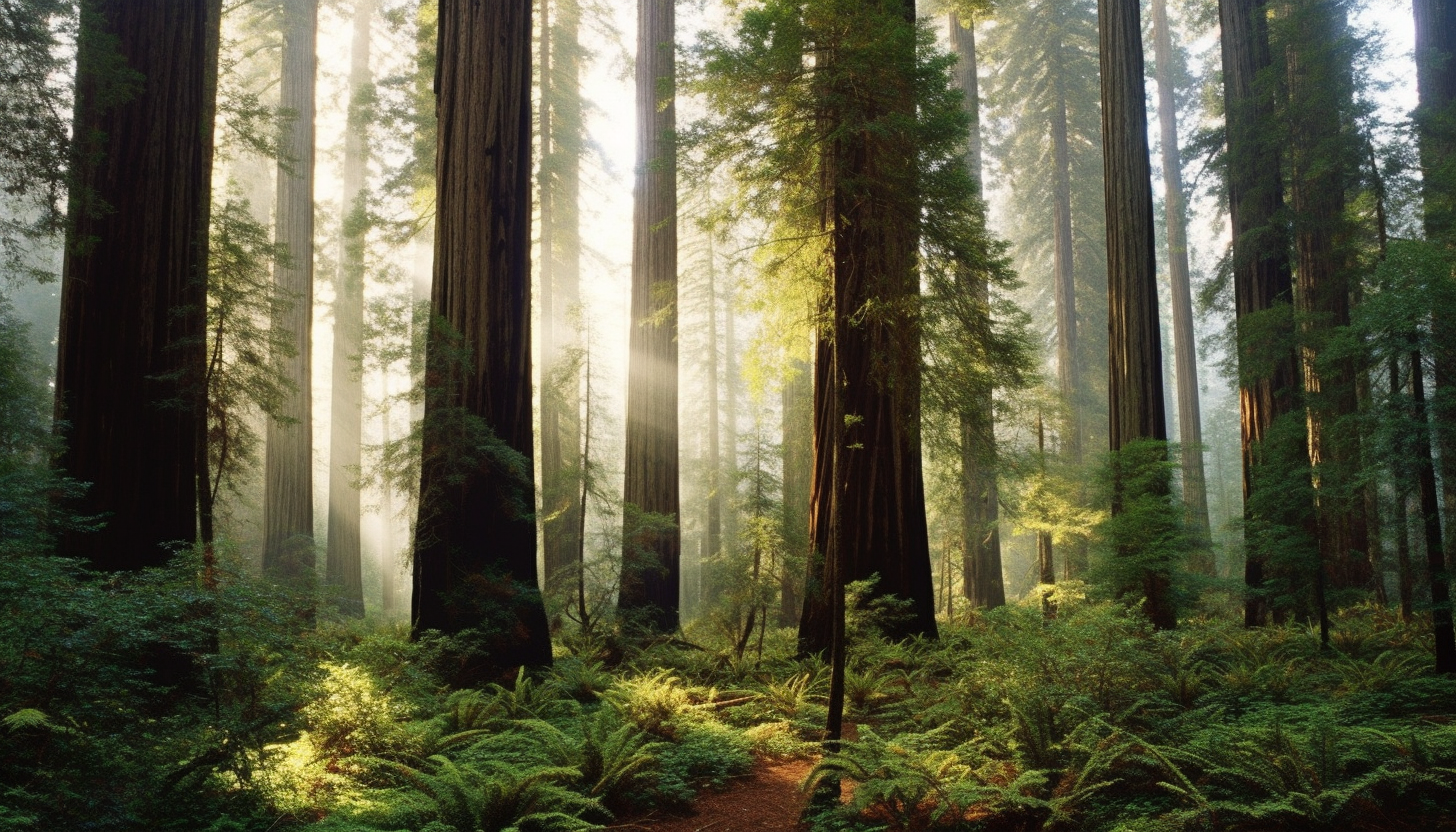 Majestic redwood trees towering in an ancient forest.