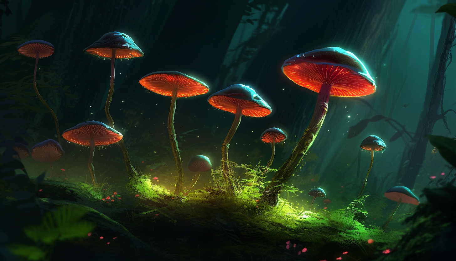 Mushrooms glowing in the dark depths of a primeval forest.