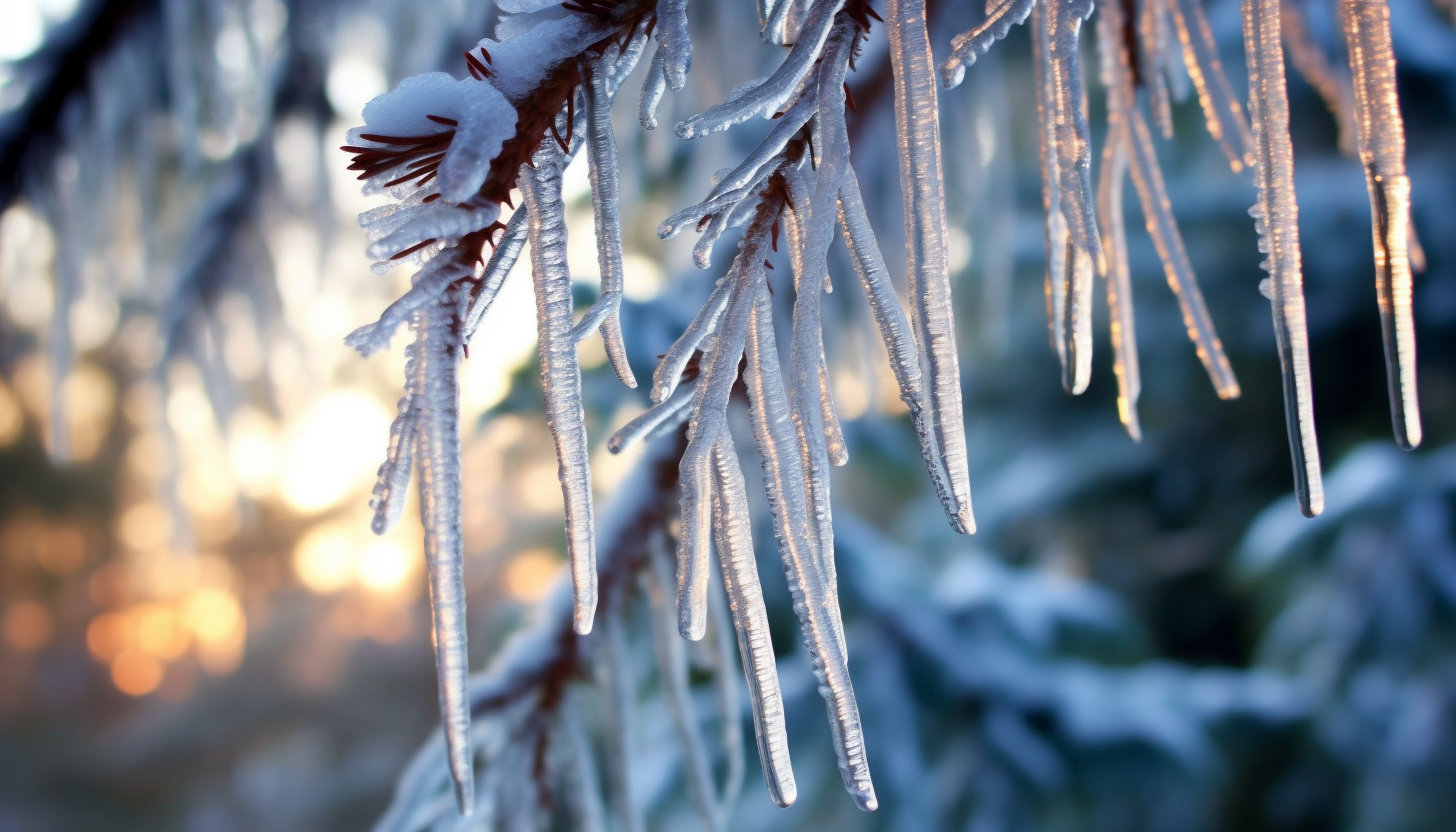 Crystalline icicles hanging from a snow-covered pine.