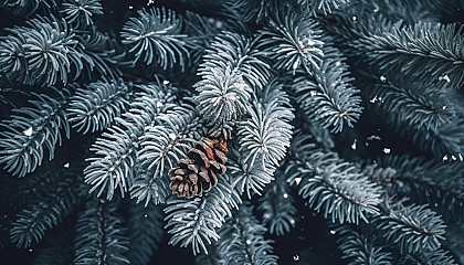 Snowflakes resting on a pine tree, transforming the landscape into a winter wonderland.