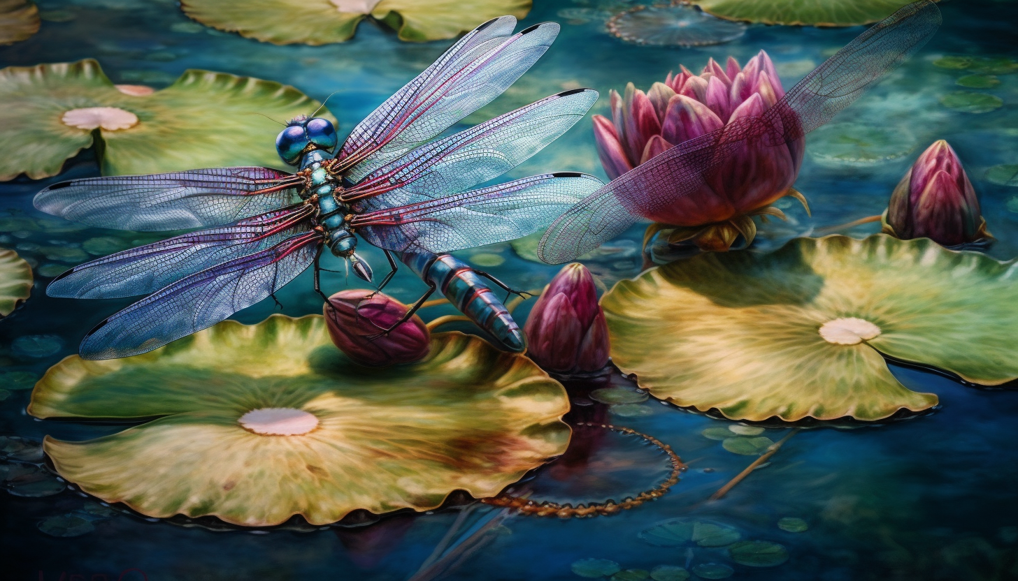 A pair of colorful dragonflies resting on a lily pad.