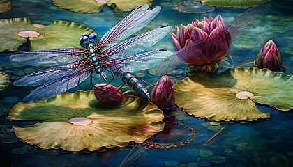 A pair of colorful dragonflies resting on a lily pad.