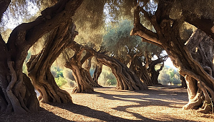 A grove of twisted, ancient olive trees under the Mediterranean sun.