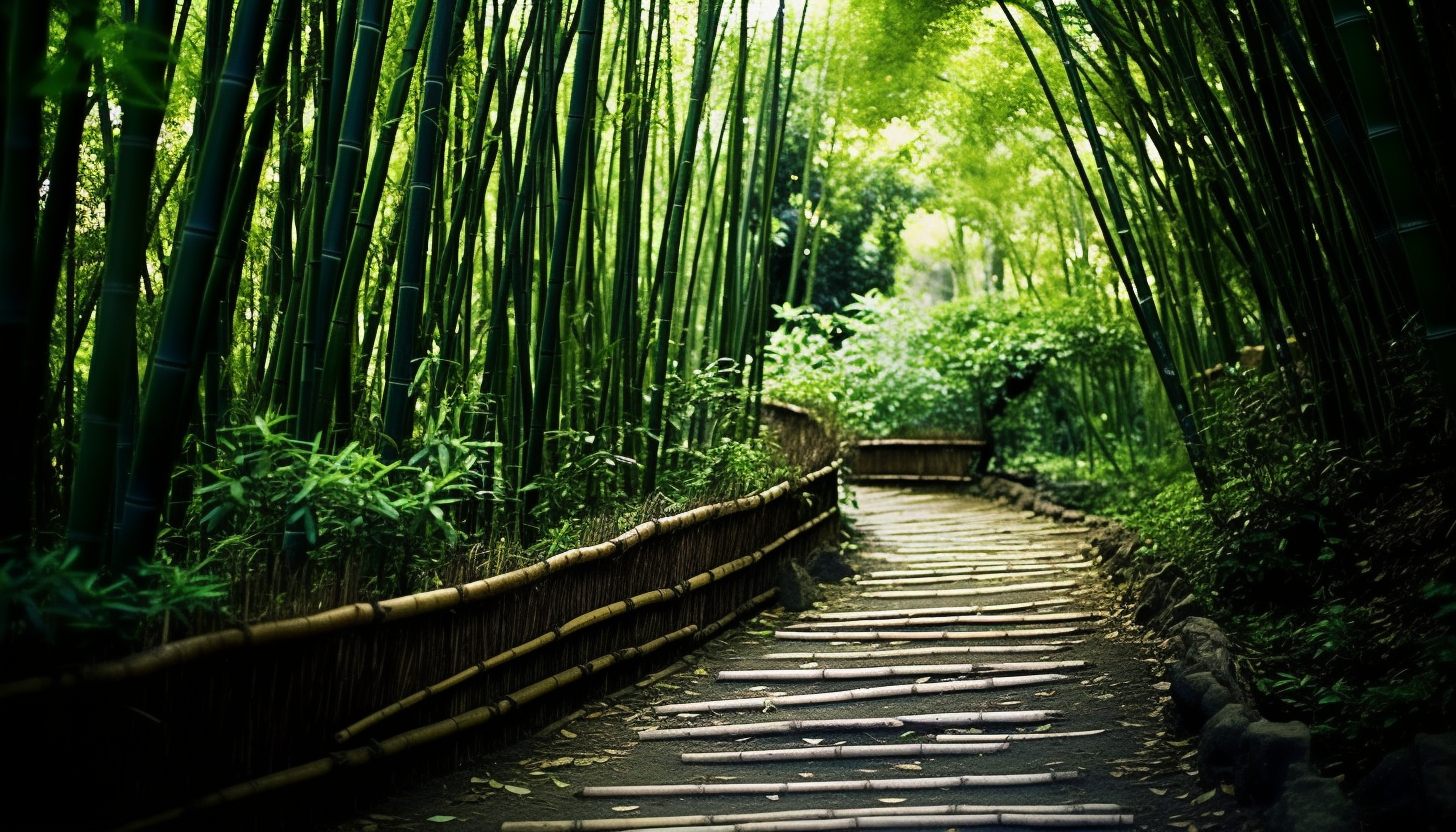 A path winding through a dense bamboo forest.