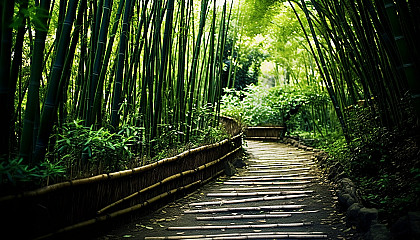 A path winding through a dense bamboo forest.