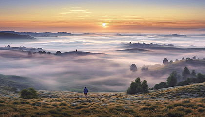 A view from atop a hill overlooking a sea of fog.