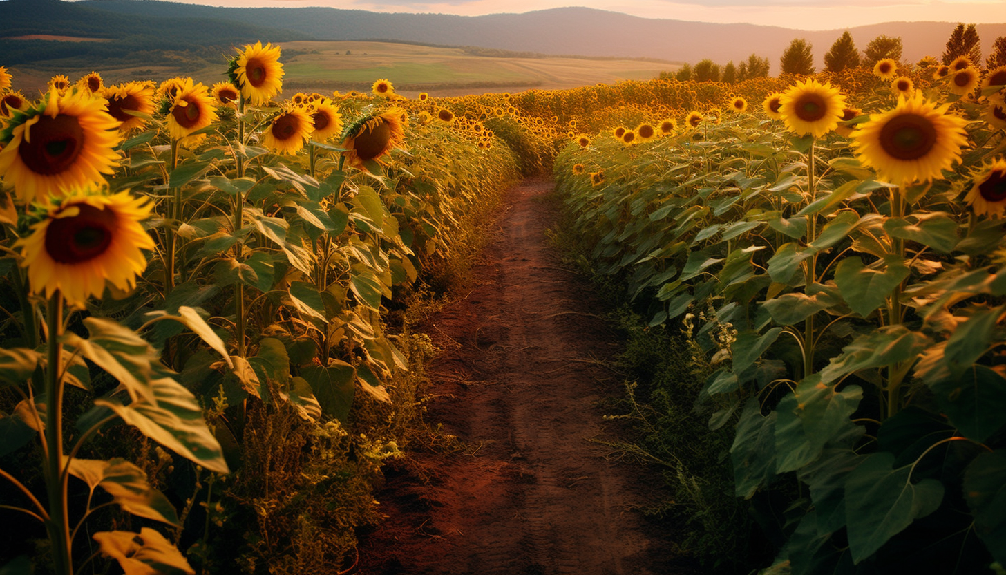 A winding path through a field of tall sunflowers.