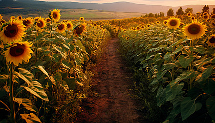 A winding path through a field of tall sunflowers.