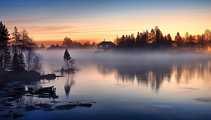 A thick blanket of fog hovering over a lake at dawn.