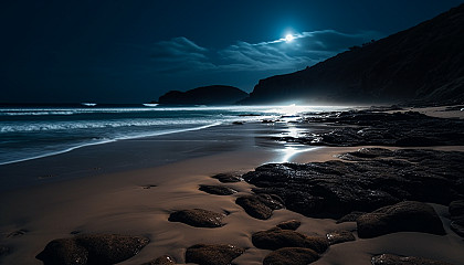 Moonlit nights illuminating tranquil beaches with waves gently lapping the shore.